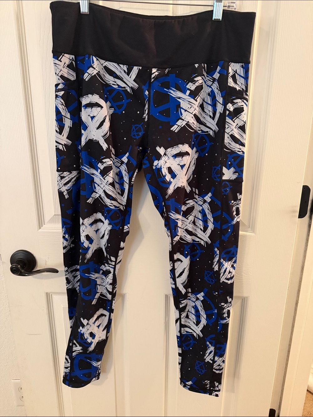 Constantly Varied Gear Black Leggings with Blue & White Abstract Print.